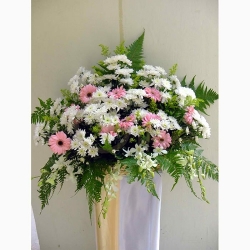 QFFS02-White Pom Pom Pink Gerberas Wreath